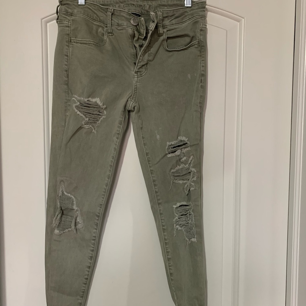 American Eagle Faded Green Distressed Skinny Jeans